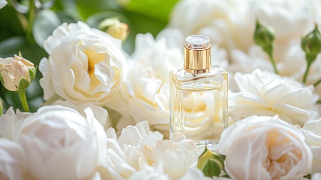 Foto garrafa de perfume em flores fragrância em fundo florescente cheiro floral e ideia de produto cosmético