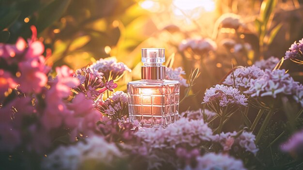 Garrafa de perfume em flores fragrância em fundo florescente cheiro floral e produto cosmético