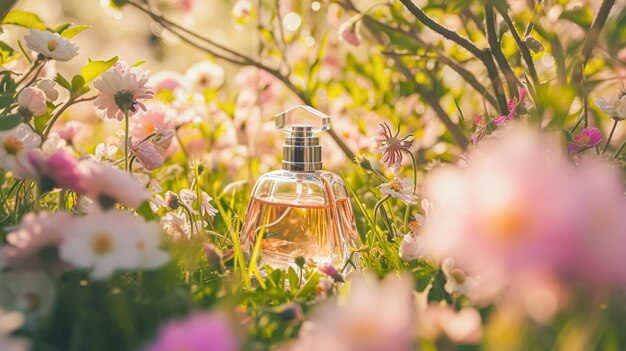 Garrafa de perfume em flores fragrância em fundo florescente cheiro floral e produto cosmético