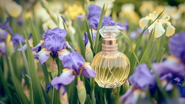 Garrafa de perfume em flores fragrância em fundo florescente cheiro floral e produto cosmético