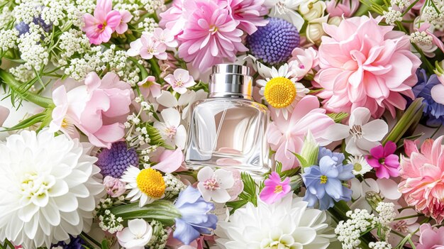 Garrafa de perfume em flores fragrância em fundo florescente cheiro floral e produto cosmético