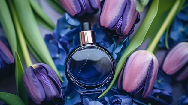 Garrafa de perfume em flores fragrância em fundo florescente cheiro floral e produto cosmético