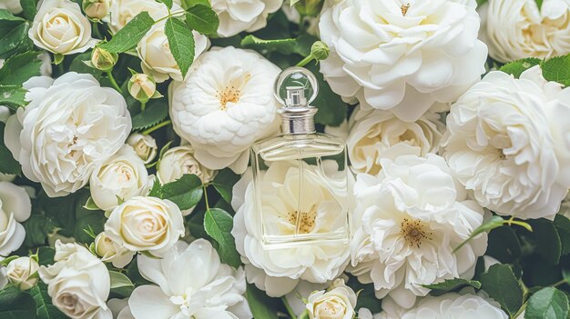 Foto garrafa de perfume em flores fragrância em fundo florescente cheiro floral e produto cosmético