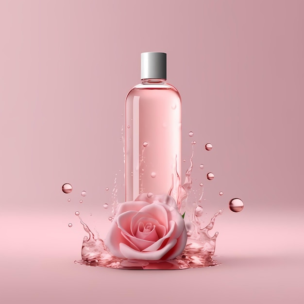 Garrafa de perfume rosa em fundo rosa pastel rosas como dressing conjunto garrafas de produto limpo sem rótulos