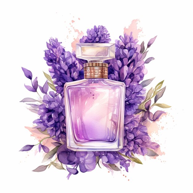 garrafa de perfume roxo com flores e folhas em um fundo branco
