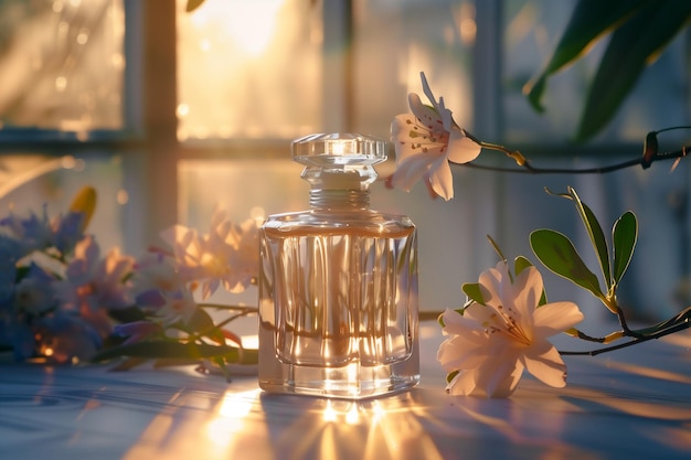 Foto garrafa de perfume transparente e flor iluminação retroiluminada generativa ai