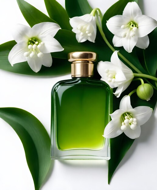 Garrafa de perfume verde com flores de lírio do vale mock-up de garrafa de perfumagem