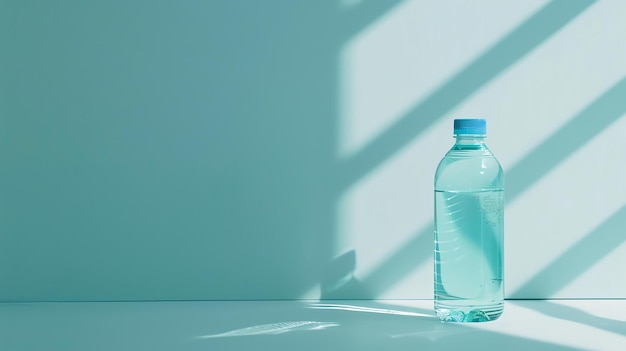Garrafa de plástico de água com uma tampa azul sobre um fundo azul A garrafa está meio cheia de água A garrafa fica em primeiro plano e está em foco