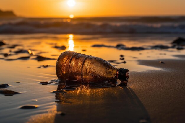 Garrafa de plástico na praia ao pôr do sol IA generativa