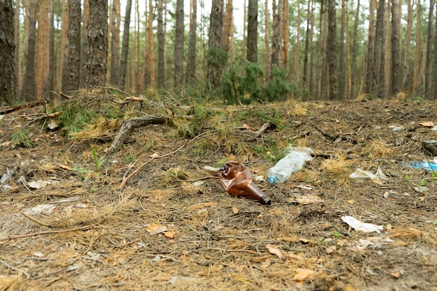 Garrafa de plástico vazia na forma de lixo na floresta, jogada pelo homem. O conceito de poluição ambiental por produtos da vida humana.