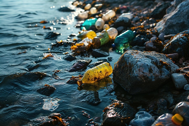 Garrafa de plástico vazia usada na praia ao lado do mar ou do oceano Poluição ambiental