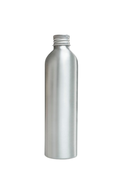 Garrafa de prata metálica com tampa de rosca sem rótulo Medicamentos e cosméticos Isolados em fundo branco Espaço para texto Vertical