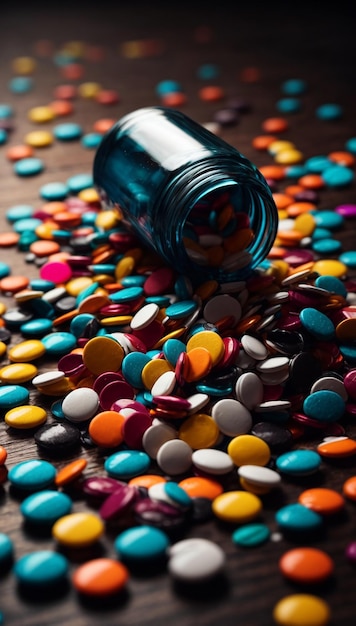 Foto garrafa de remédio derramando pílulas coloridas em branco fonte de ia generativa