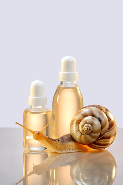 Foto garrafa de serum de mucina de caracol com caracóis conceito de cuidados de beleza gerado pela ia