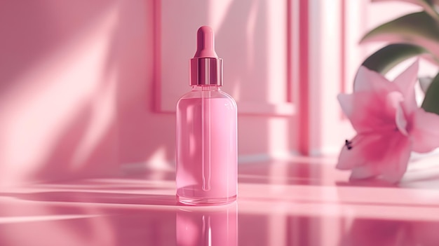 Garrafa de soro cosmético estético rosa com fundo texturizado