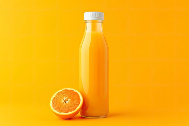 Foto garrafa de suco de laranja em fundo laranja