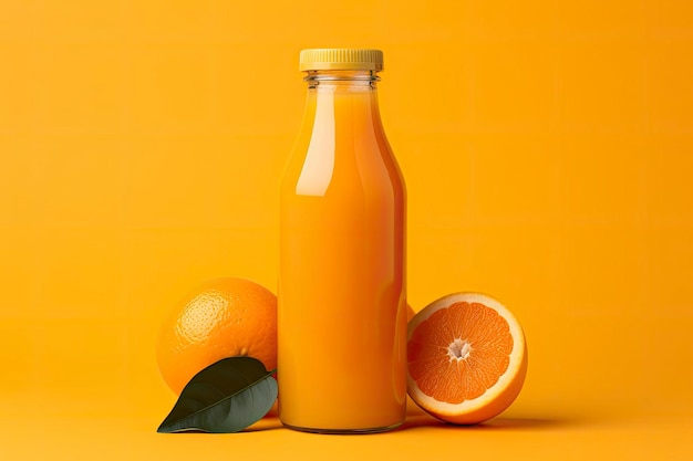 Garrafa de suco de laranja em fundo laranja