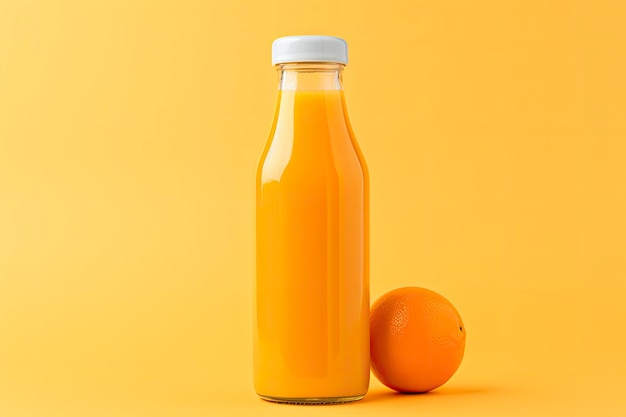 Garrafa de suco de laranja em fundo laranja