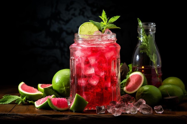 Garrafa de Suco de Melancia com Cubos de Gelo e Limão Fotografia de Imagens de Sucos de Melancia