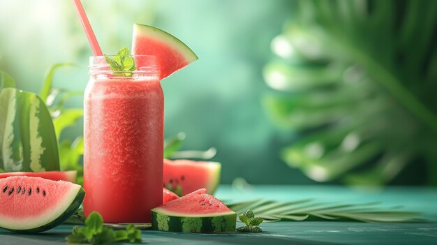 Garrafa de suco de melancia fresca com melancia em uma superfície verde com superfície vazia IA geradora