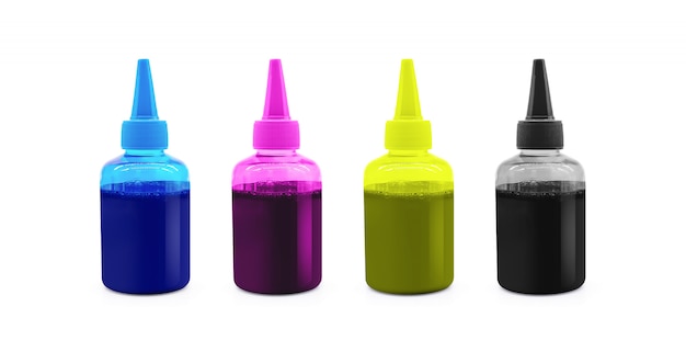 Garrafa de tinta CMYK para impressora isolada