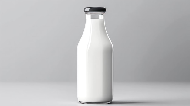 Foto garrafa de vidro com leite fresco sobre um fundo cinzento limpo