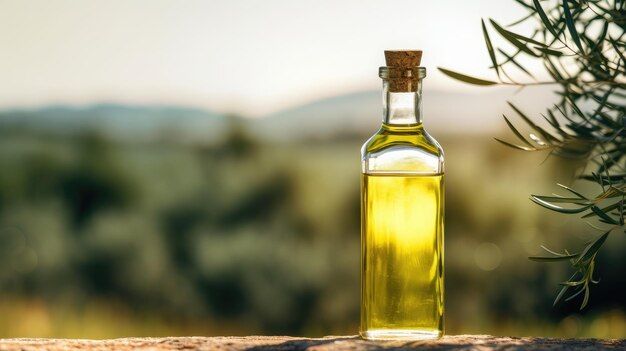 garrafa de vidro com óleo comestível com vista para o óleo natural para cozinhar