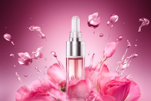Garrafa de vidro com salpicos e pétalas de rosa cosméticos conceituais beleza cuidados com o corpo generativo ai