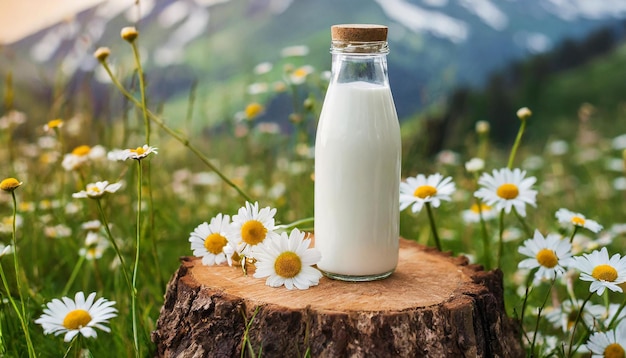 Garrafa de vidro de leite fresco em tronco de árvore grama verde e margaridas bebida saborosa e saudável