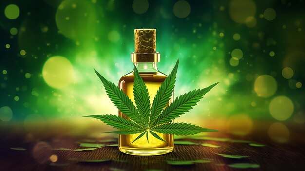 Garrafa de vidro marrom com óleo de CBD de cannabis com folhas de cânhamo na mesa de fundo cannabis medicinal