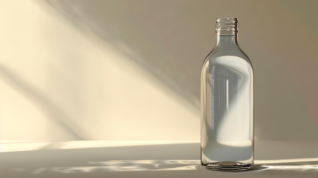 Garrafa de vidro transparente com líquido transparente sobre um fundo bege A garrafa é colocada sobre uma superfície bege