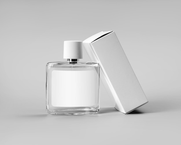 garrafa de vidro transparente com rótulo recipiente de perfume caixa de papelão branca para design