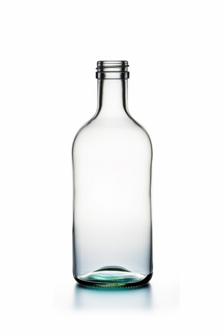 Foto garrafa de vidro transparente com tampa prateada sobre fundo branco com reflexo do fundo da garrafa generative ai
