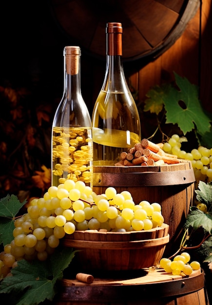 Foto garrafa de vinho branco com uvas ao lado