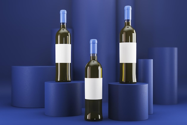 Garrafa de vinho com rótulo vazio em fundo azul Publicidade e marca liqor e conceito de bebida Renderização 3D