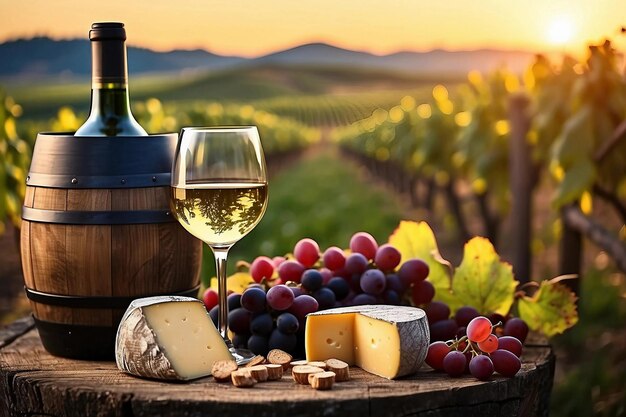 Garrafa de vinho copo de vinho queijo variado e uvas na vinha ao pôr do solGenerative AI