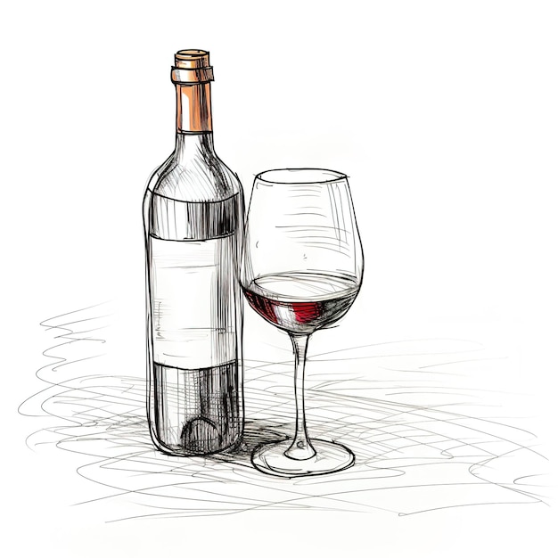 Foto garrafa de vinho e copo de vinho ilustrações de estilo esboço desenhadas à mão