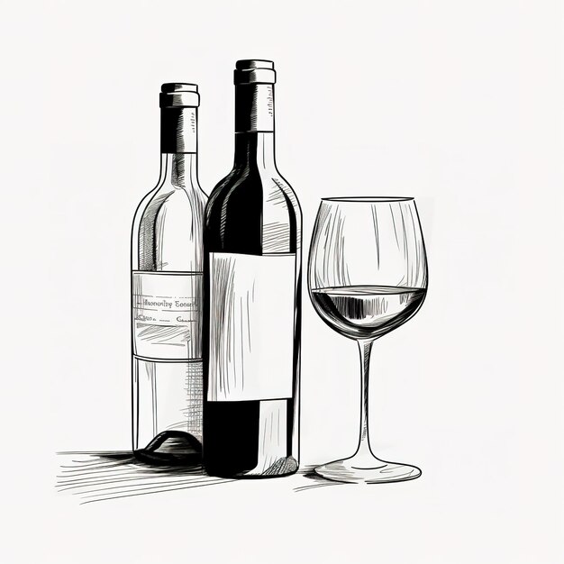 Foto garrafa de vinho e copo de vinho ilustrações de estilo esboço desenhadas à mão