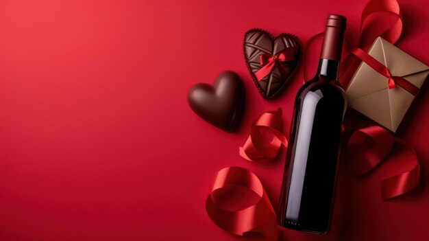 Garrafa de vinho e doces de chocolate em fundo vermelho Celebração do Dia dos Namorados