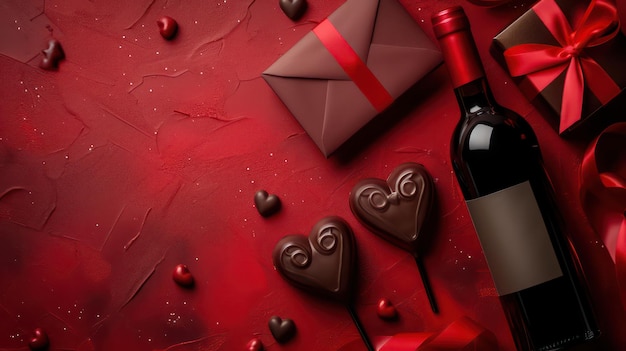 Garrafa de vinho e doces de chocolate em fundo vermelho Celebração do Dia dos Namorados