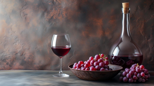 Garrafa de vinho e uvas maduras em uma cesta sobre uma mesa de madeira rústica ainda vida