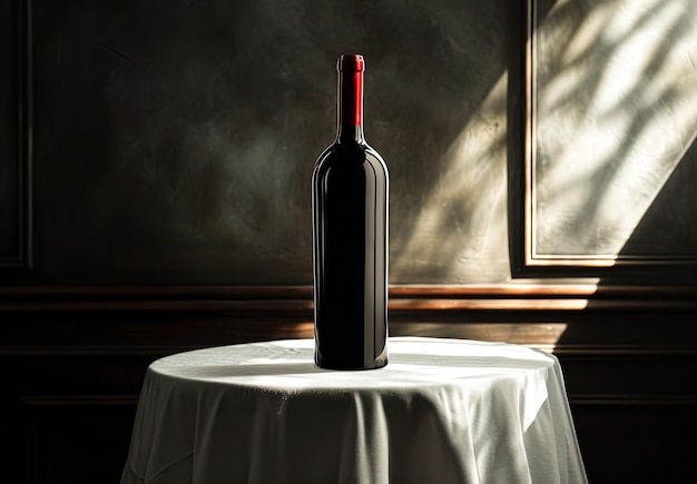 Garrafa de vinho em uma mesa de madeira no fundo de uma loja de vinhos