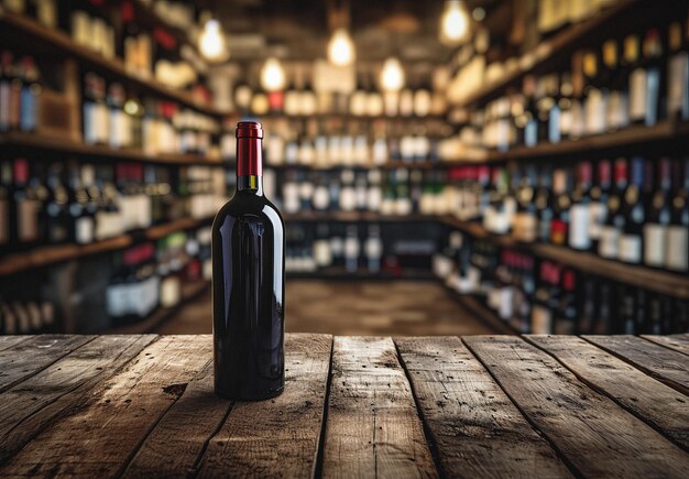 Garrafa de vinho em uma mesa de madeira no fundo de uma loja de vinhos