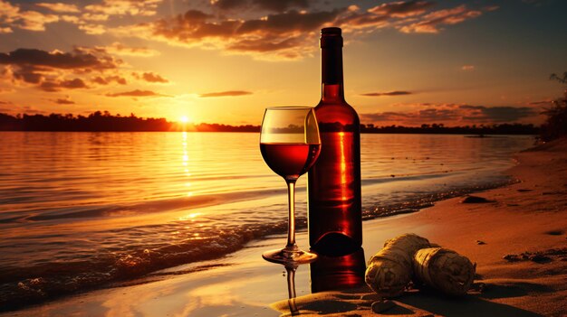 Garrafa de vinho na areia no pôr-do-sol e no lago