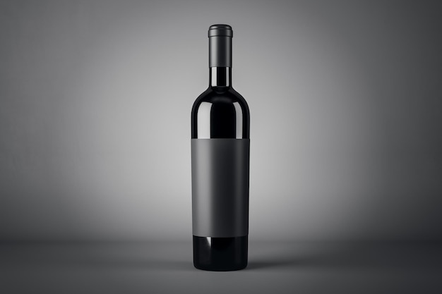 Foto garrafa de vinho preta com rótulo em branco vazio com copyspace para o seu logotipo em fundo escuro abstrato conceito de vinho tinto maquete de renderização 3d