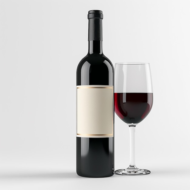 garrafa de vinho preto elegante com rótulo e copo de vinho vermelho de pé no estilo de uma sessão de fotos publicitárias