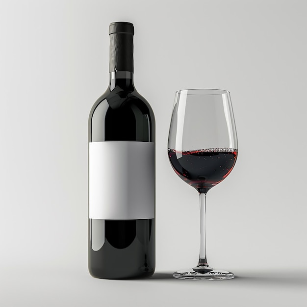 garrafa de vinho preto elegante com rótulo e copo de vinho vermelho de pé no estilo de uma sessão de fotos publicitárias