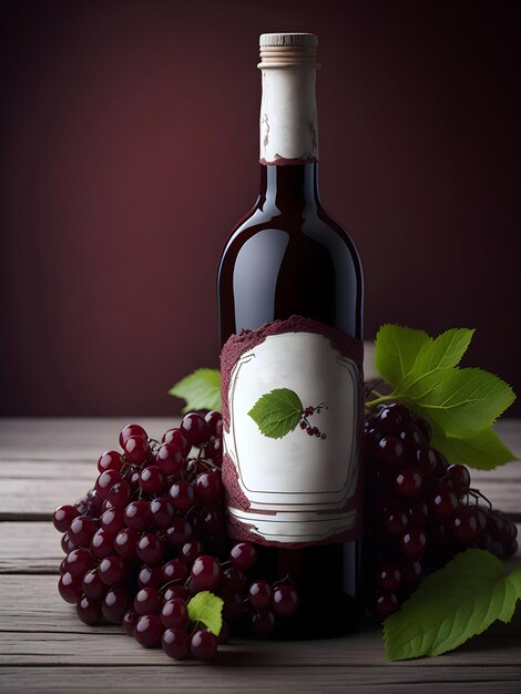 Garrafa de vinho tinto com conceito de apresentação de produto de uvas