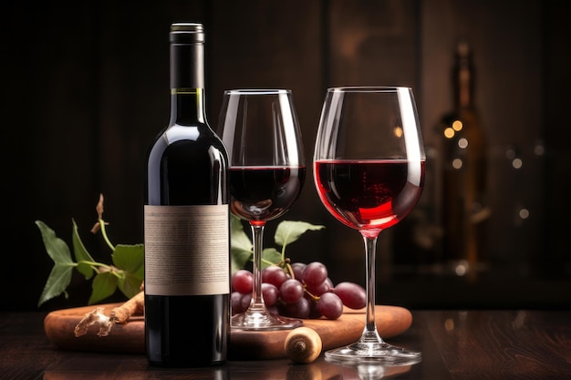 Garrafa de vinho tinto com vidro e uvas em uma mesa de madeira rústica Generative AI
