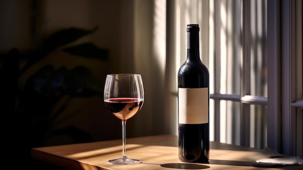 garrafa de vinho tinto de uva e copo na mesa generativa ai